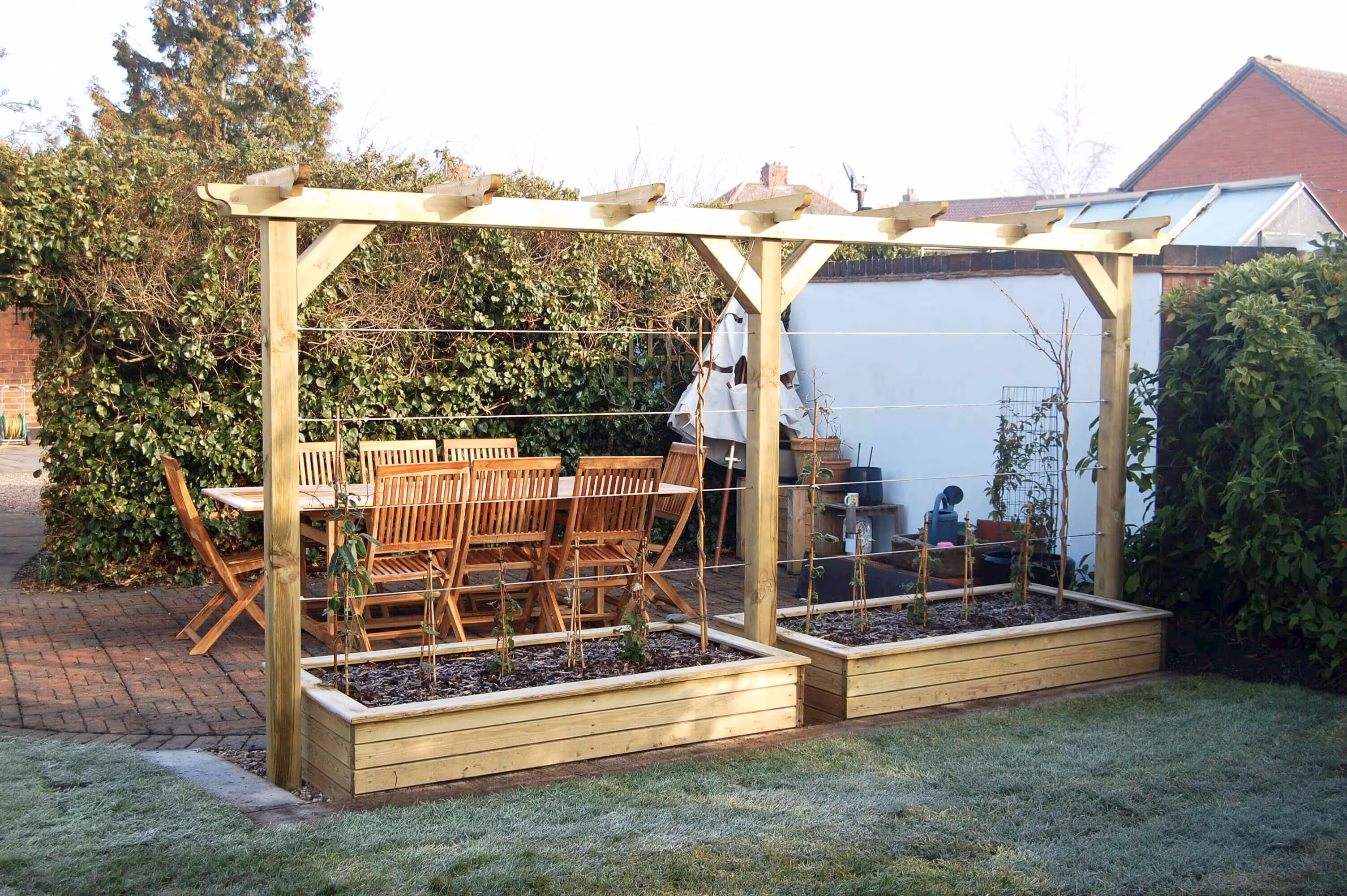 pergola and raised beds long view