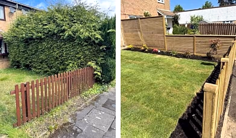 Before and After replacing hedge with fence panels