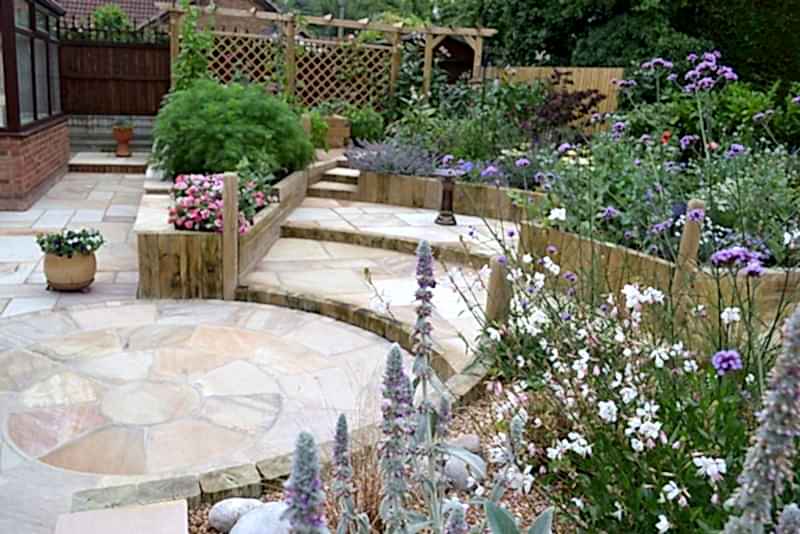 Circular paving surrounded by timber raised beds
